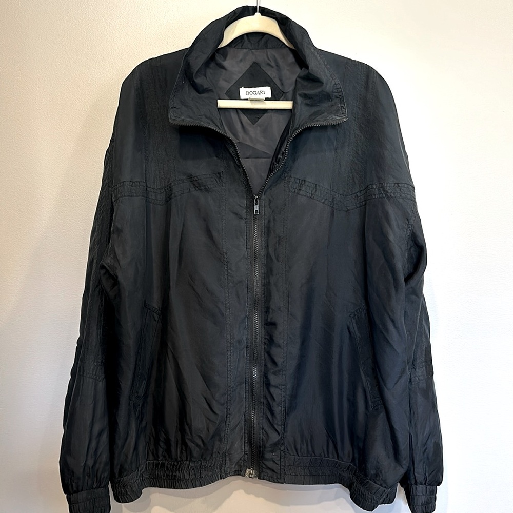 VTG‎ Womens BOGARI Black 100% Silk Full Zip Jacket Size XL Streetwear Y2K Sporty